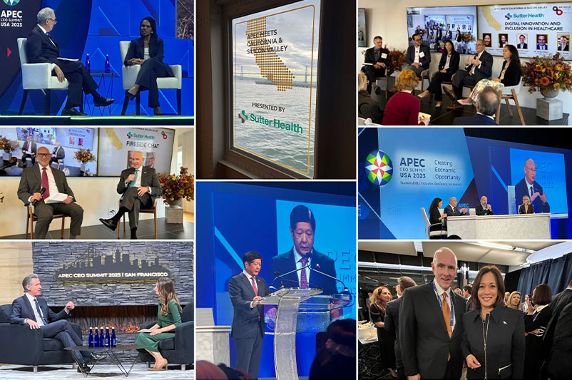 A collage of people at a conference, networking and engaging in discussions.
